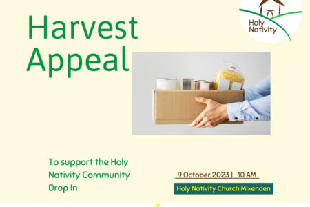 poster advertising harvest service, image of a box of pantry goods