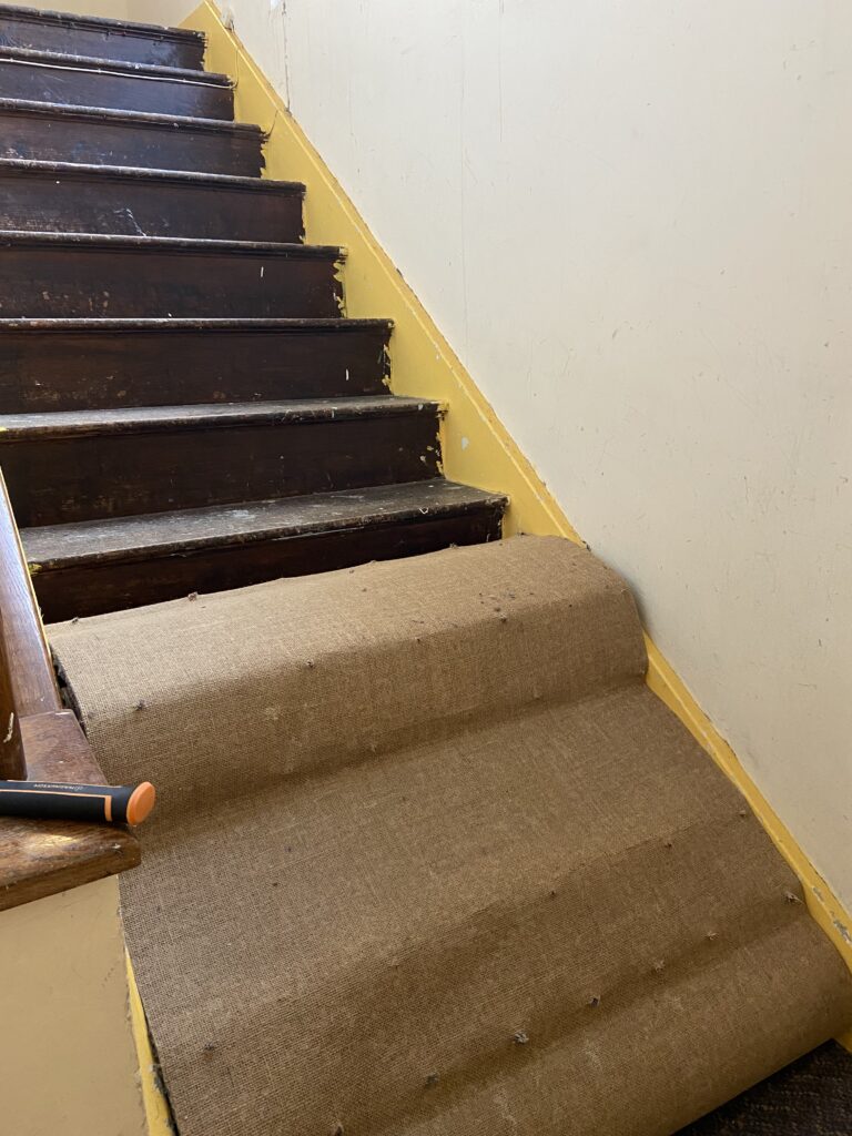 Stairs with carpet half rolled off it