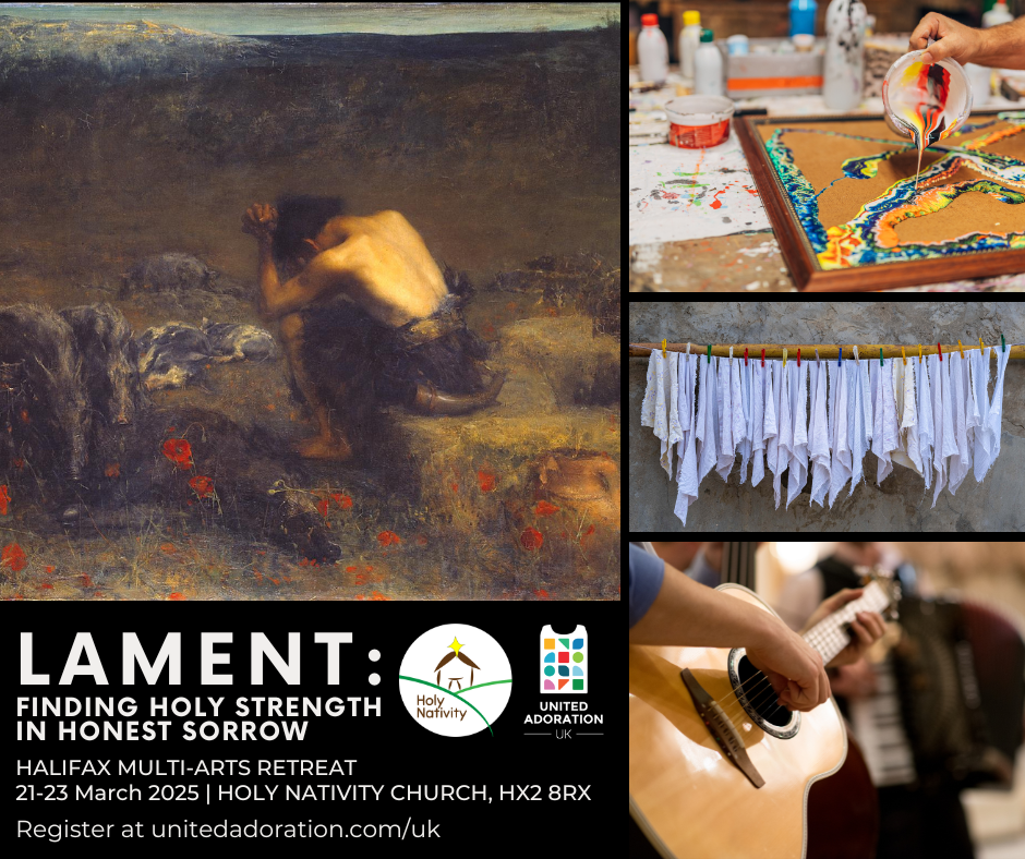 Images on the theme of lament including an oil painting of a weeping man with his back turned to the viewer, and image of paint being poured, an image of white rags hung on a line against a wall and an image of an acoustic guitar.