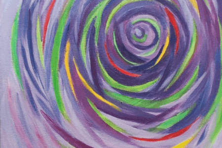 An abstract image in predominantly purple with swirls of red, yellow and green creating a whirlpool effect painted on canvas in acrylic paints
