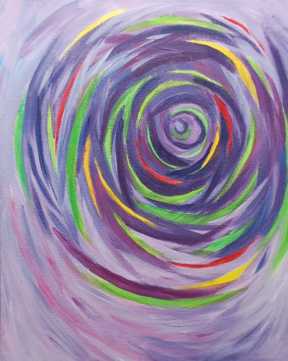 An abstract image in predominantly purple with swirls of red, yellow and green creating a whirlpool effect painted on canvas in acrylic paints
