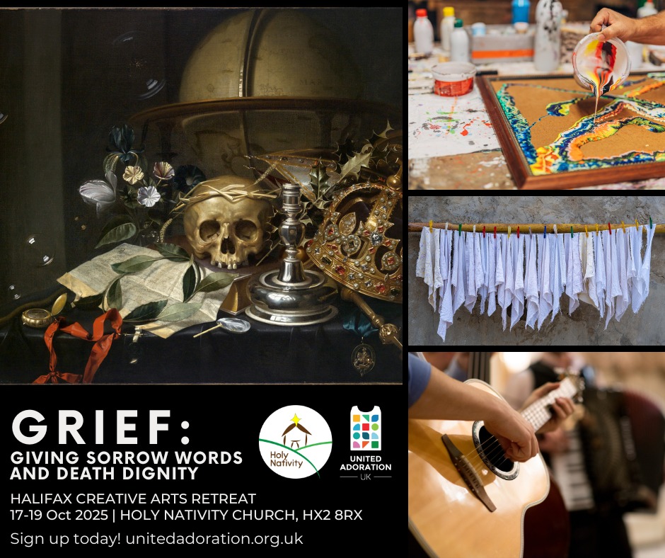 A collage of images showing arts activities and an image of a memento mori painting of a skull and jewellery.